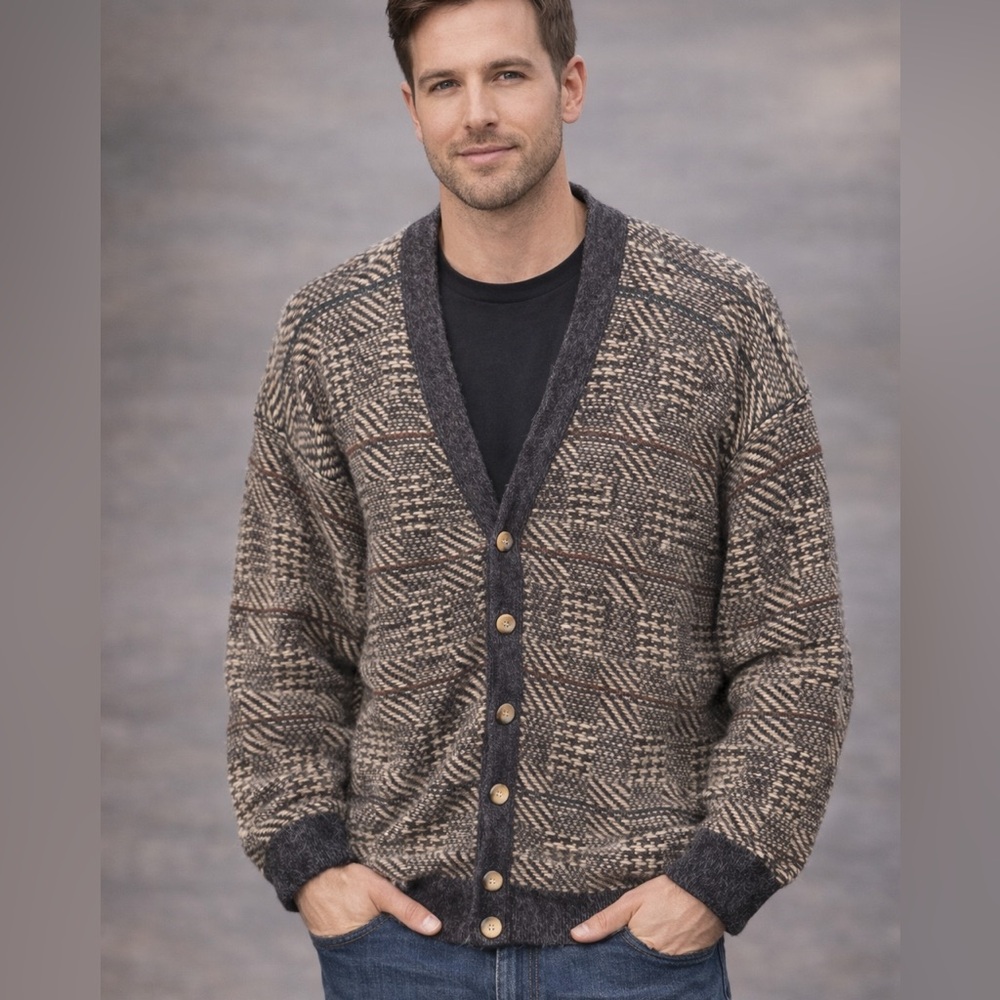 Etchings Men’s XL Wool Blend Knit Cardigan Button Front Black Cream